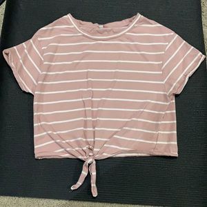 Pink & white Stripes center front tie shirt size S